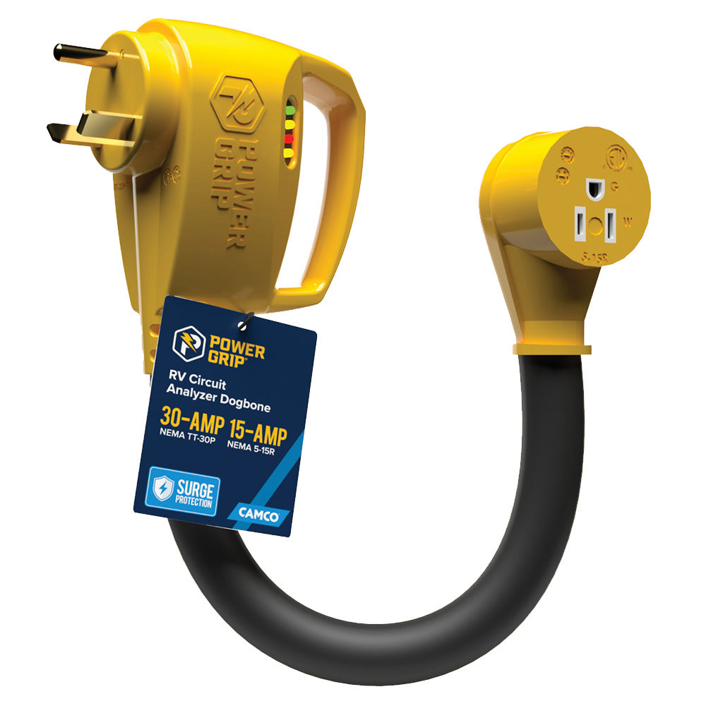 Camco Power Grip RV 12-Inch 30Amp Circuit Analyzer Dogbone with Integrated Surge Protection - 55461