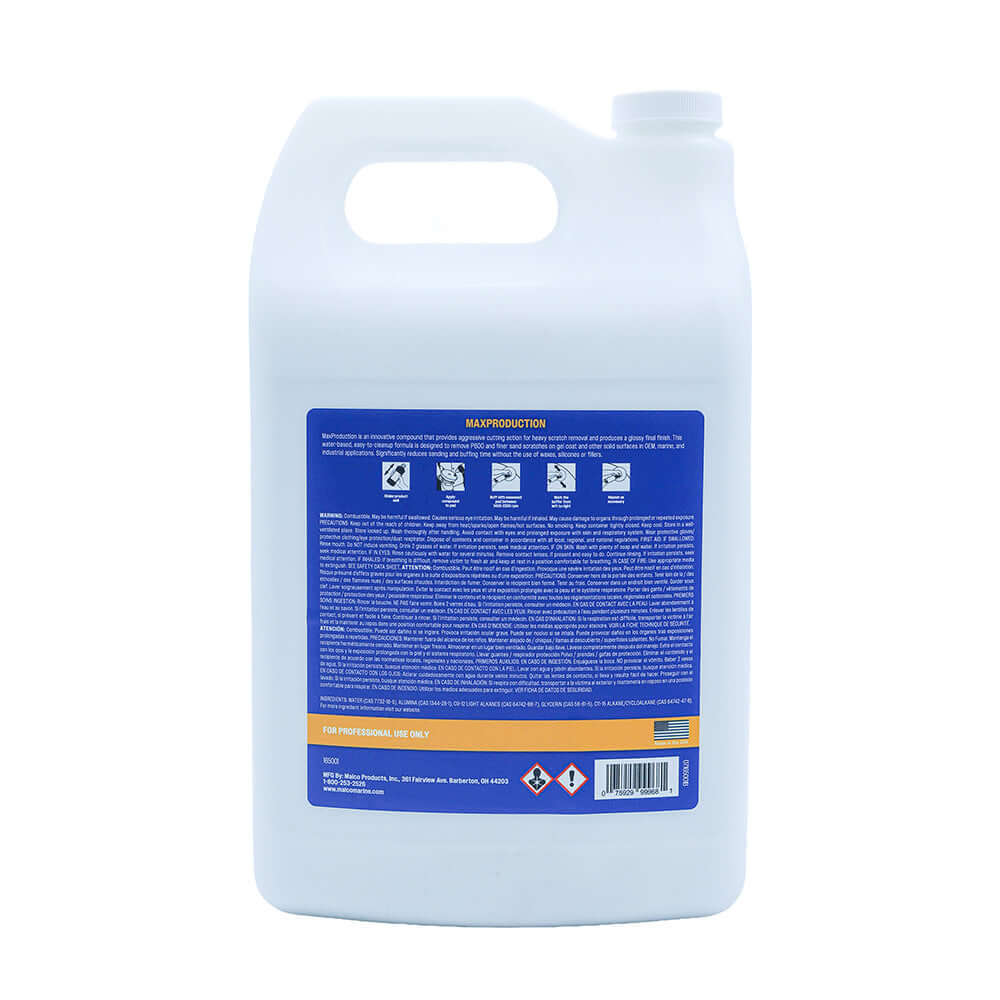Malco MaxProduction Compound 165001 in a one-gallon white jug, high-performance automotive paint correction and polishing compound.