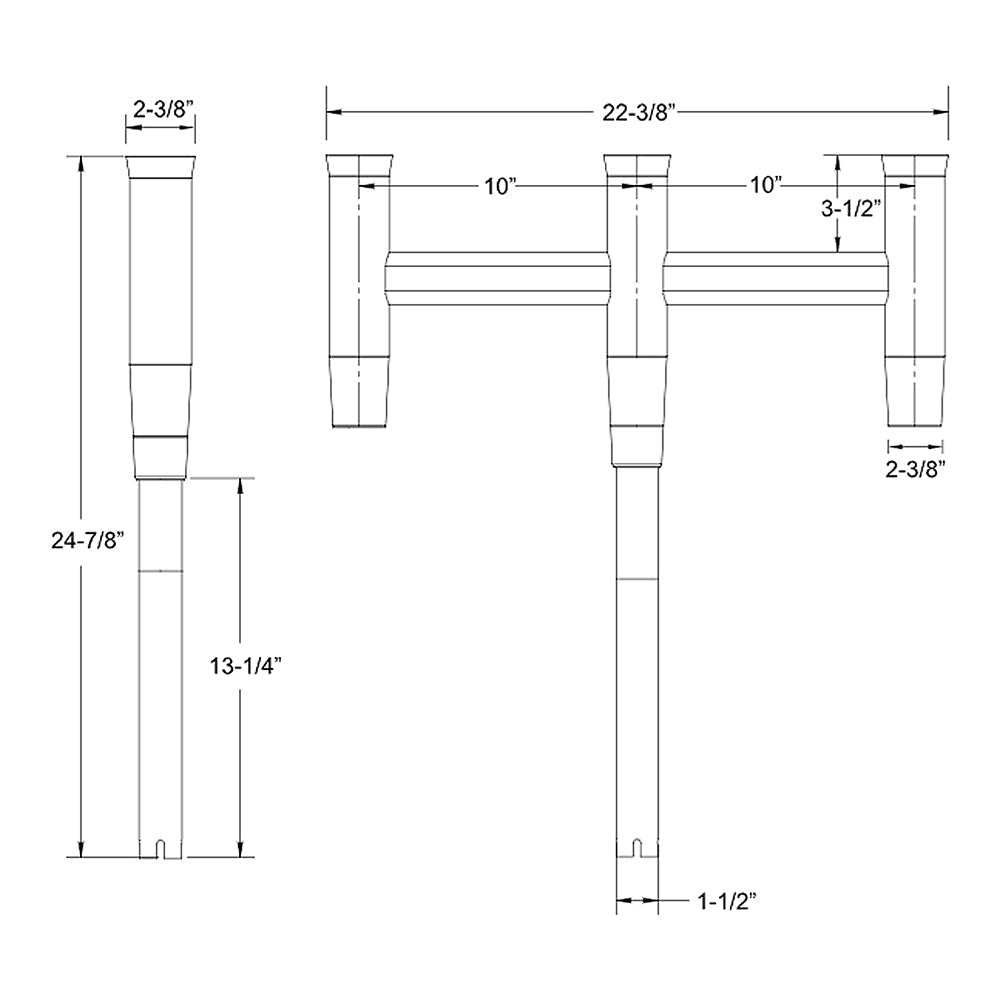 TACO Deluxe Trident Rod Holder cluster with three aluminum rod holders for boats, 24-7/8" height, 22-3/8" width, fits standard gunnel mounts.