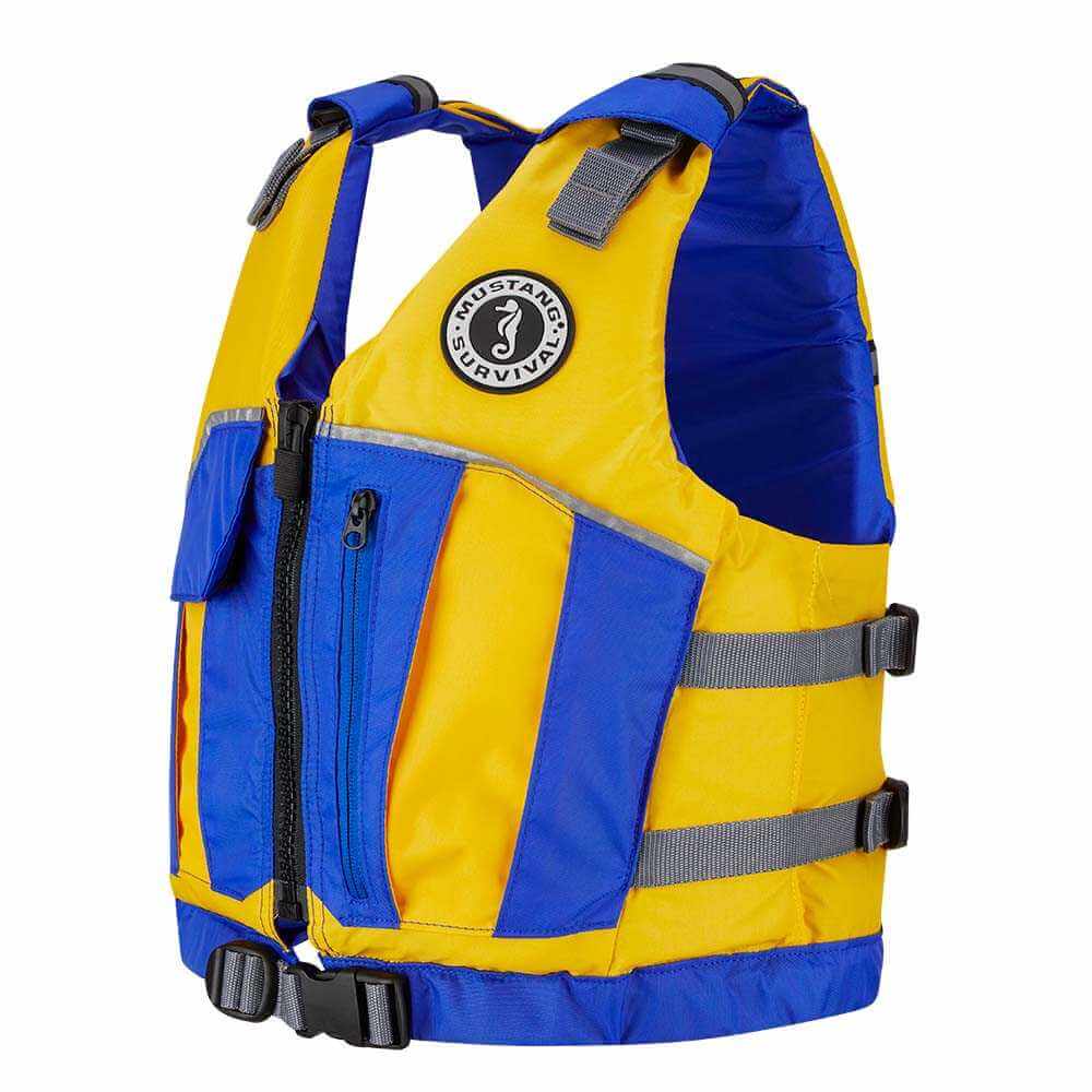 Mustang Youth Reflex Foam Vest in yellow and royal blue with front zipper and adjustable fit
