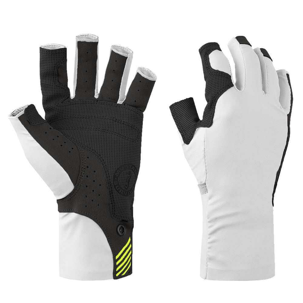 Mustang Traction UV Open Finger Gloves in white and black, size large, featuring UV protection and high-grip palm overlays.