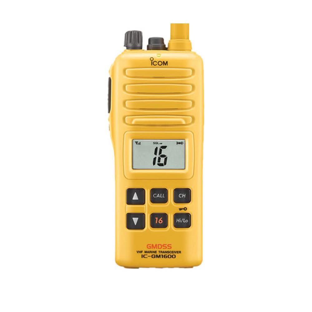 Yellow Icom GM1600 GMDSS VHF handheld marine radio with digital display and control buttons