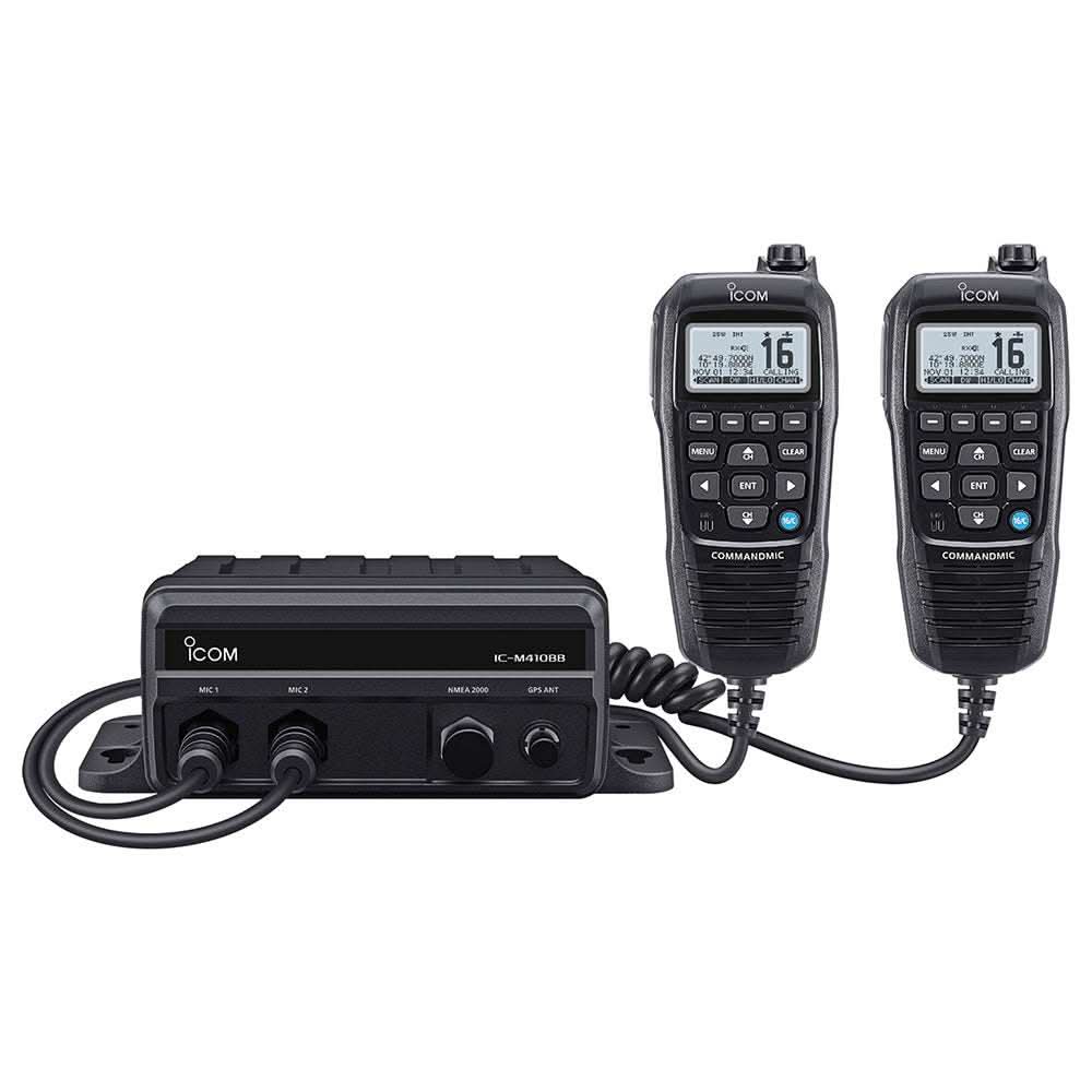 Icom M410BB black box VHF marine radio with two black CommandMic handheld units and dual mic ports