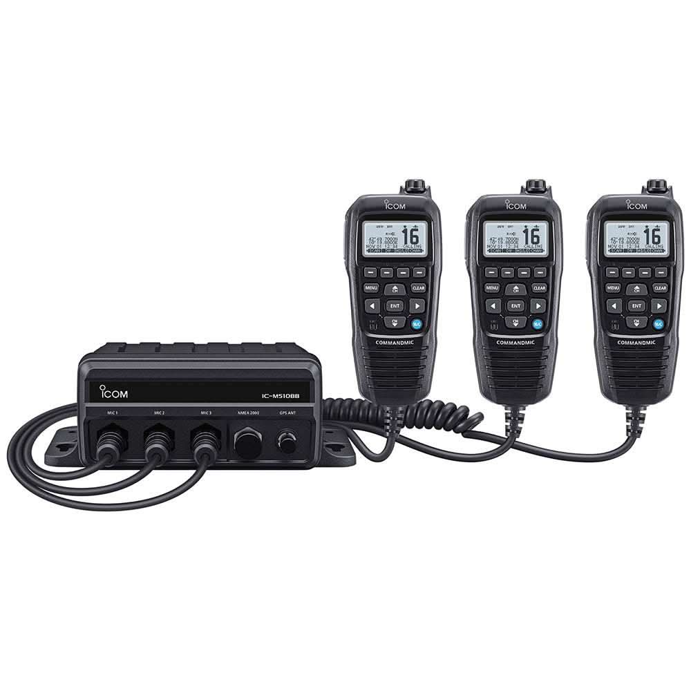 Icom M510BB 21 Black Box VHF radio with black Command Mic and three microphone ports for marine communication