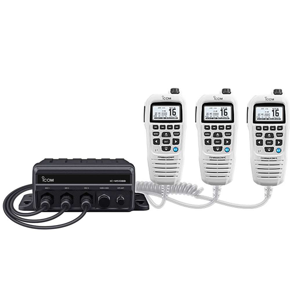 Icom M510BB GW 21 black box VHF radio with white CommandMic and 3 microphone ports for marine communication