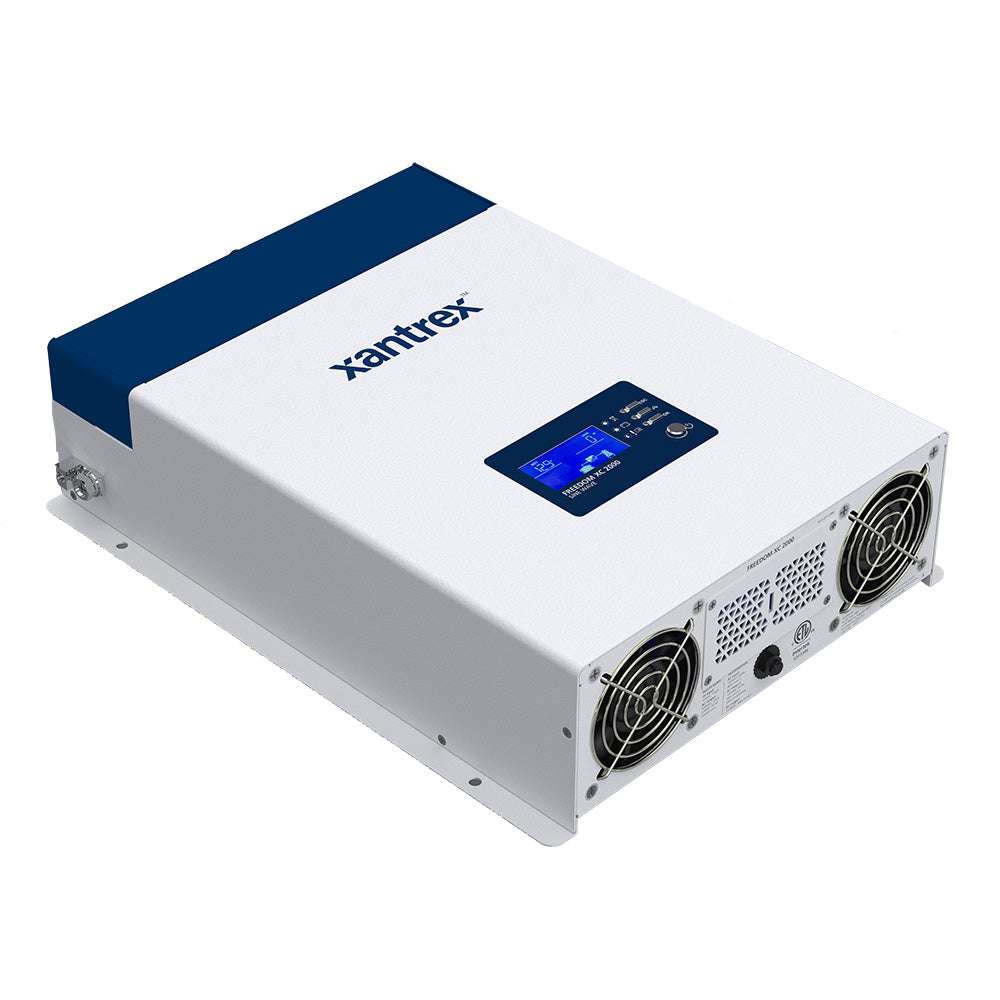 Xantrex Freedom XC 2000 True Sine Wave Inverter/Charger showing front display and AC/DC connection terminals.