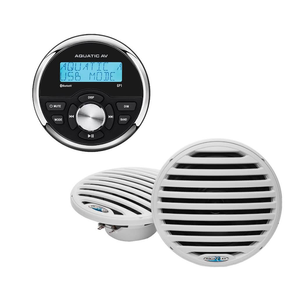 Aquatic AV GP1 Essentials with GP1 Gauge Stereo and 6.5 - Inch Waterproof Marine Speakers - White - ES600 - Anchor Express