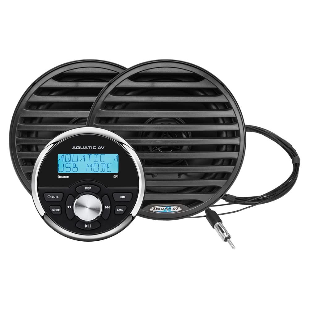 Aquatic AV GP1 Gauge Stereo with Economy 6.5-inch waterproof black speakers for marine use