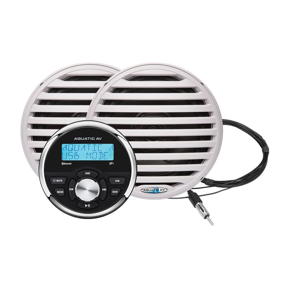 Aquatic AV GP1 Gauge Stereo with 6.5-inch waterproof speakers in white, marine audio system with Bluetooth and durable design