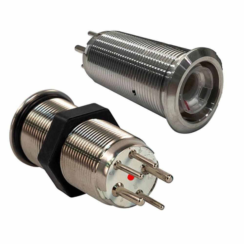 Bluewater 9057-1113 19mm marine-grade stainless steel inrush push button switch with blue/red LED indicator and IP69K waterproof rating