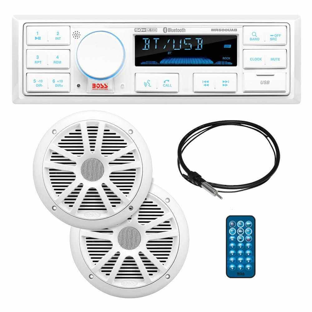 Boss Audio MCK500WB.6 marine audio kit with MR500UAB radio, dual MR6W speakers, and MRANT10 antenna for outdoor durability and high-quality sound