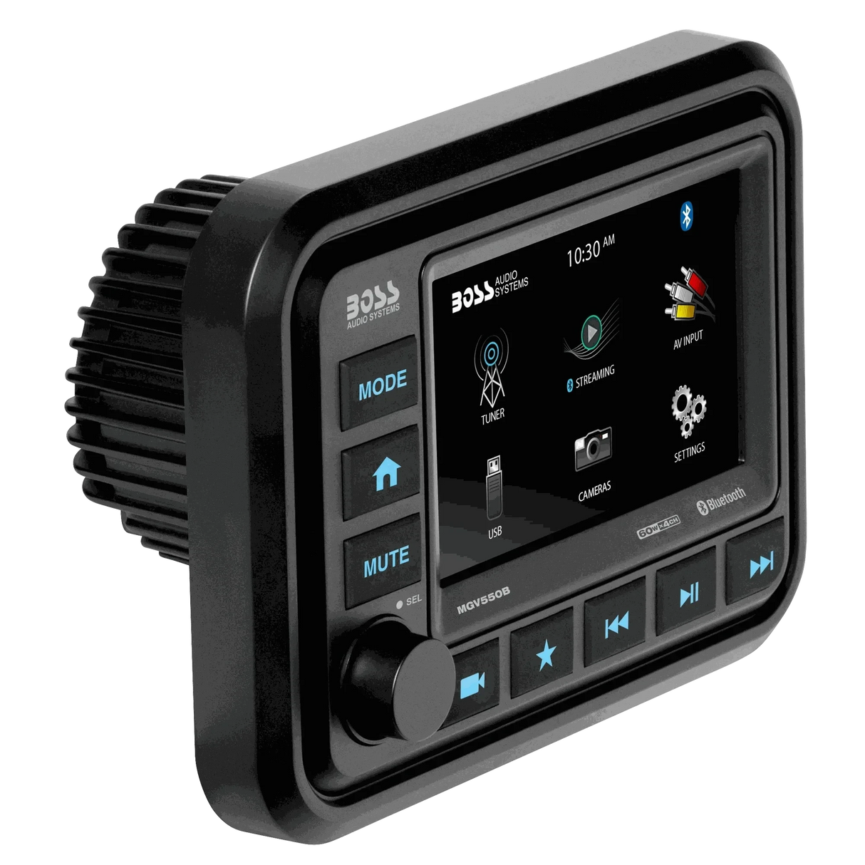 Boss Audio MGV550B marine gauge digital media receiver with Bluetooth, touchscreen, AM/FM, USB, and auxiliary inputs in black.