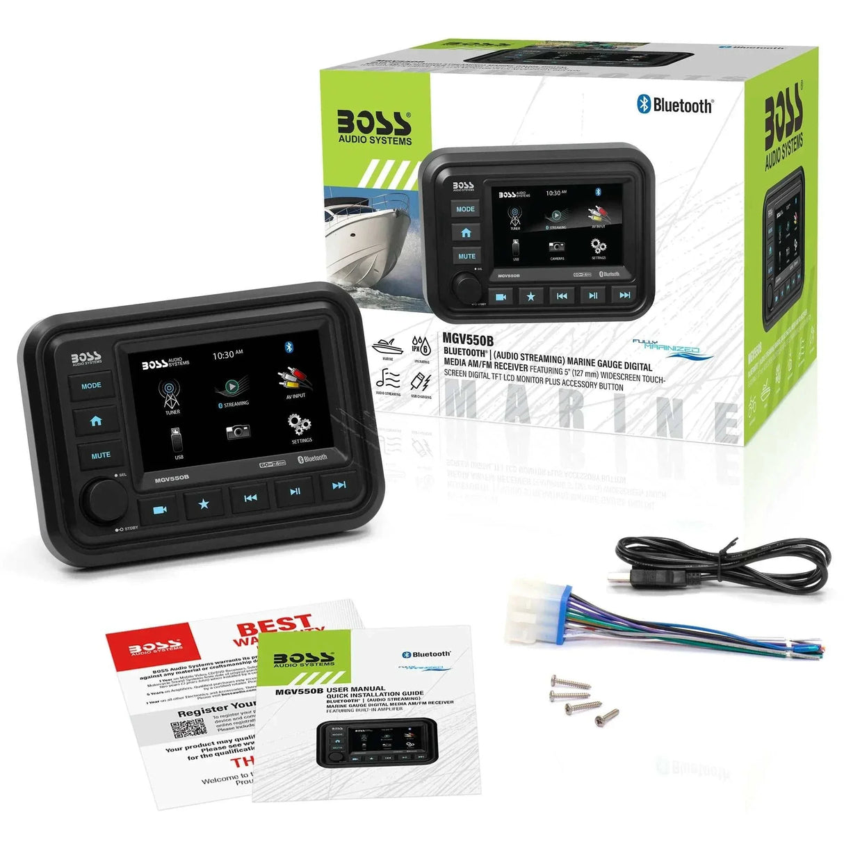 Boss Audio Bluetooth marine gauge digital media AM/FM receiver with touchscreen display and accessories