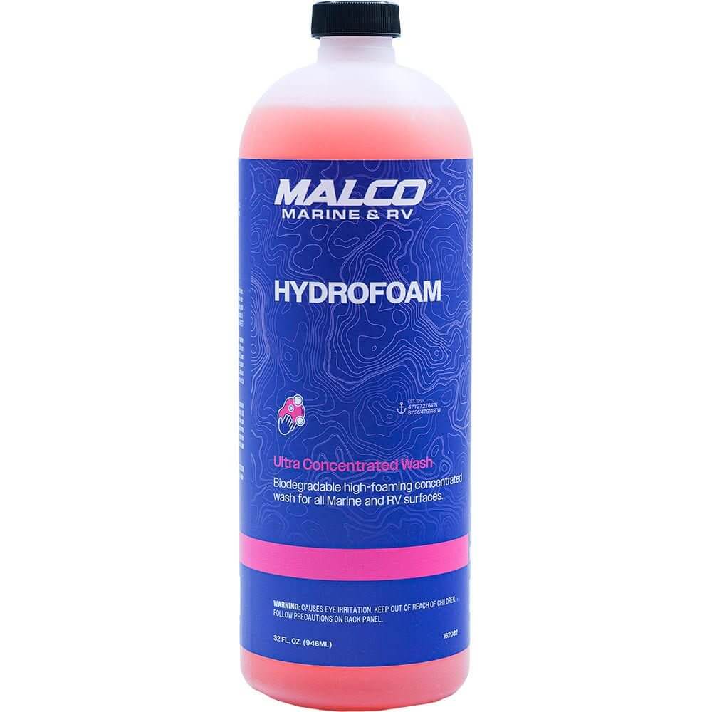 Malco HydroFoam Ultra Concentrated Boat Wash 162032 in a 32oz bottle, high-foaming marine-grade soap for salt and grime removal.