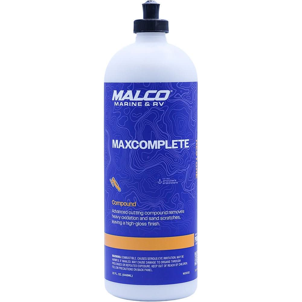 Malco MaxComplete Compound 163032 in a 32oz bottle, showing the professional marine-grade cutting and polishing formula for gelcoat restoration.