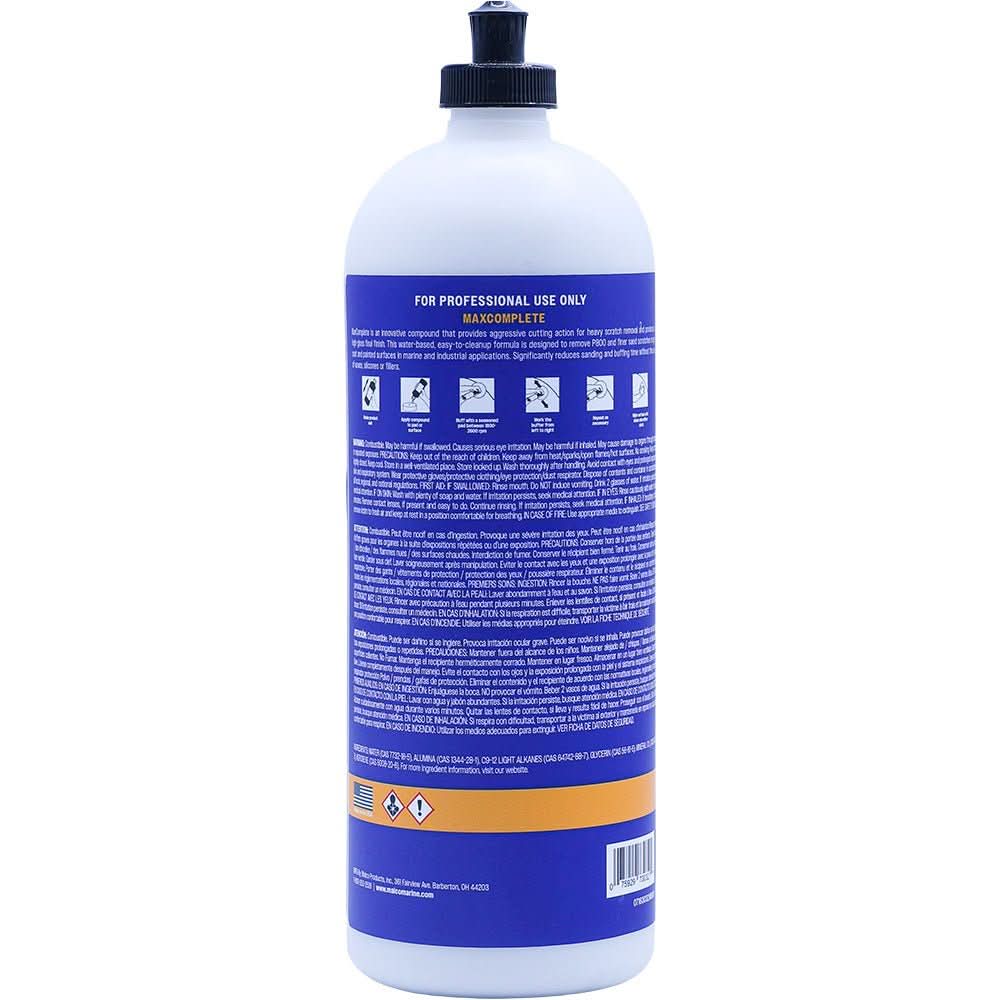 Malco MaxComplete Compound 163032 in a 32oz bottle, showing the professional marine-grade cutting and polishing formula for gelcoat restoration.