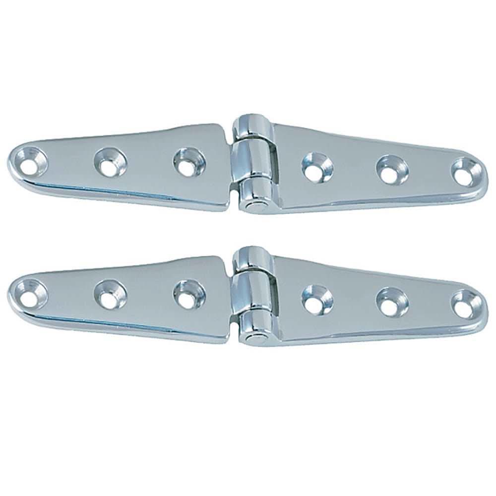 Perko 8 inch chrome plated bronze strap hinges with six mounting holes and 1-1/8 inch pin height