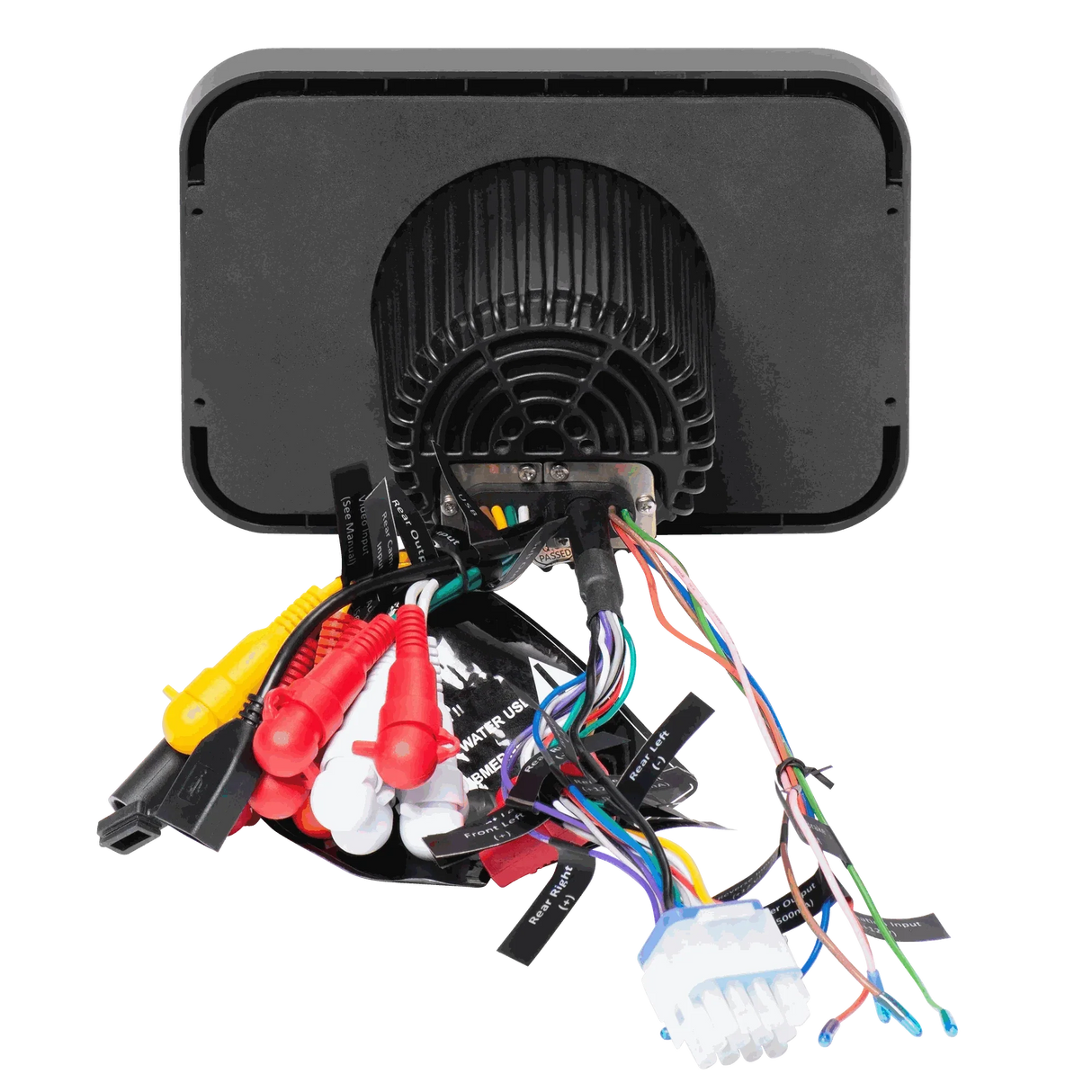 Boss Audio MGV550B marine gauge digital media receiver rear view with wiring connectors and cables