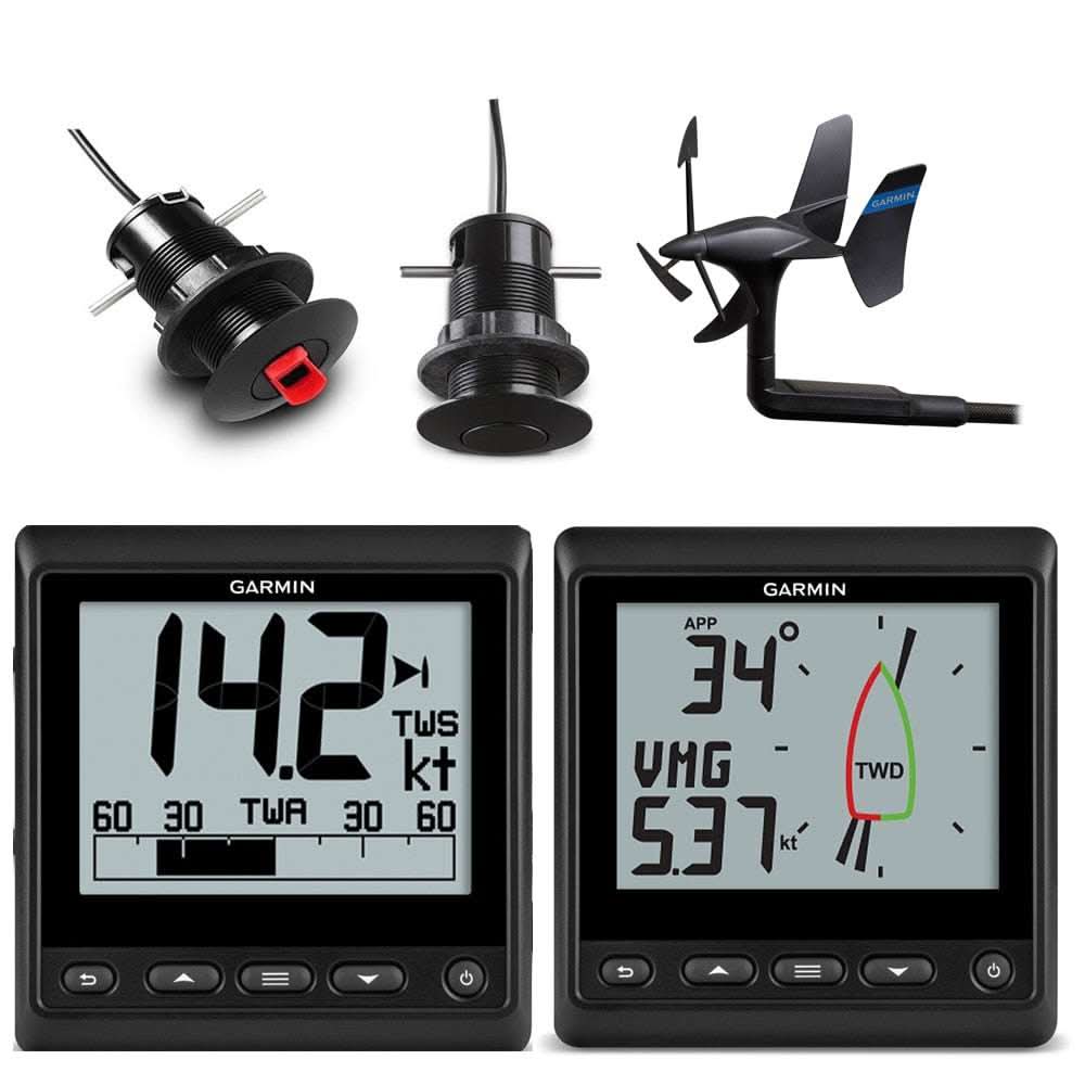 Garmin GNX Wireless Sail Pack 43 with 43mm transducers, wind instruments, depth and speed displays, and wireless gWind sensor.