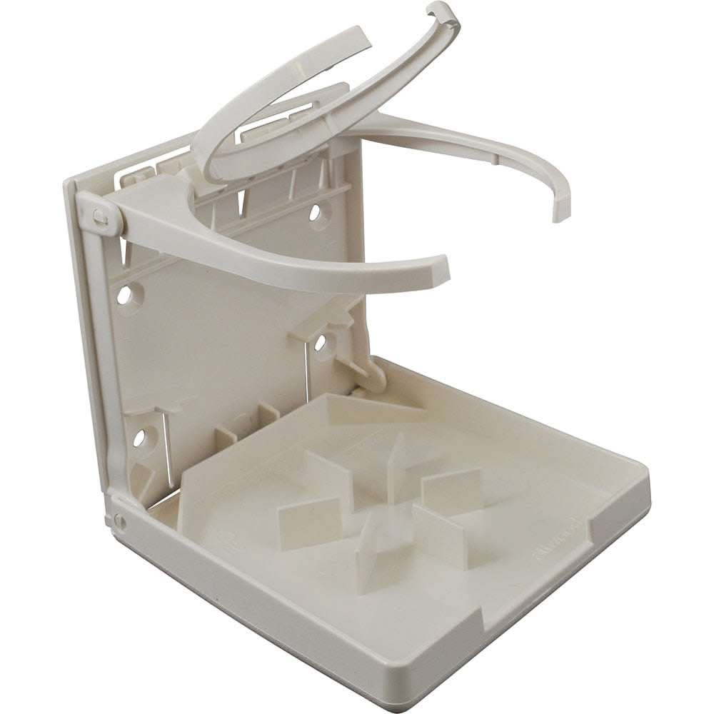 White fold-up dual ring drink holder for boats and RVs with adjustable cup sizes and compact storage.