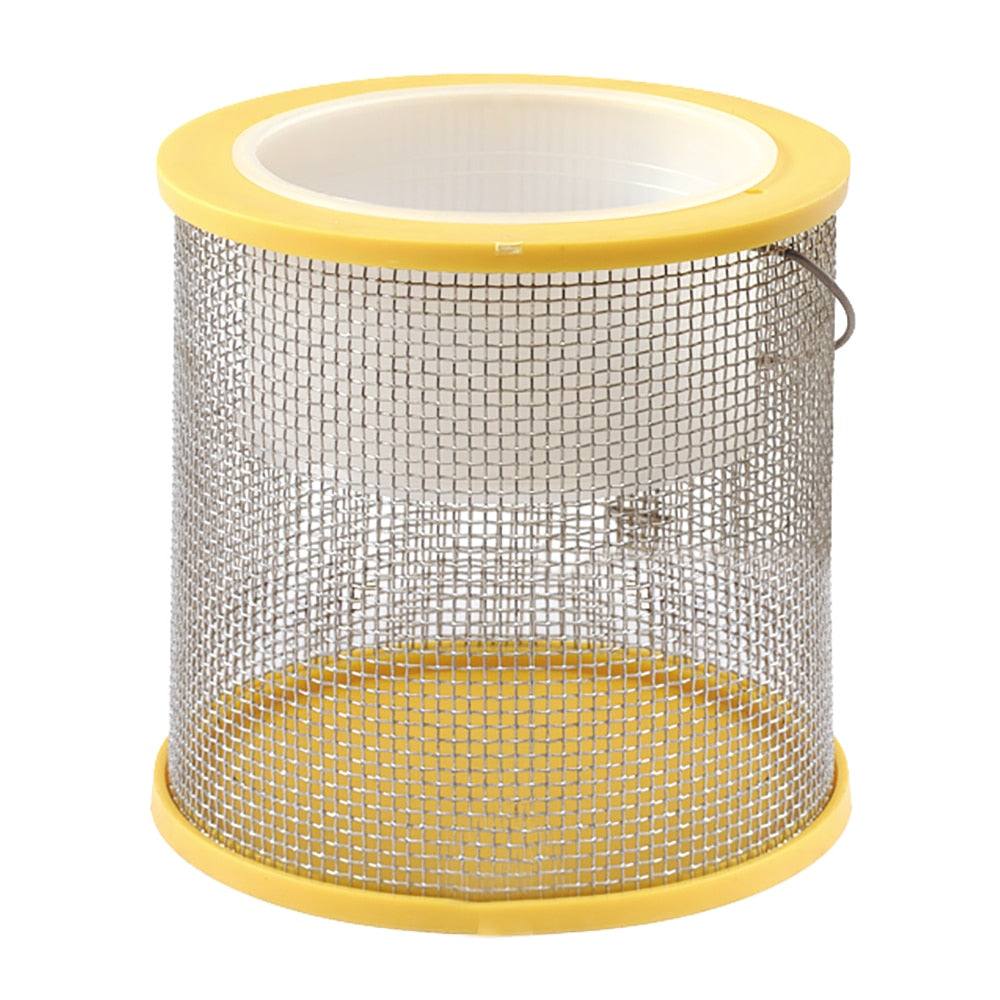 Frabill Cricket Cage Bucket with galvanized metal mesh and yellow plastic top and bottom, built-in handle for easy carrying
