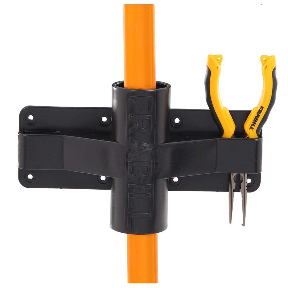 Frabill Net/Gaff Holder mounted on wall holding orange pole and yellow pliers, heavy-duty black molded construction, saltwater safe