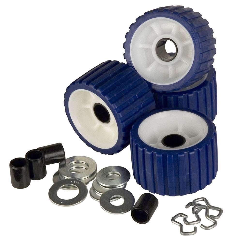 Blue ribbed roller replacement kit with four 5-inch rollers, Delrin bushings, zinc washers, and retainer rings.