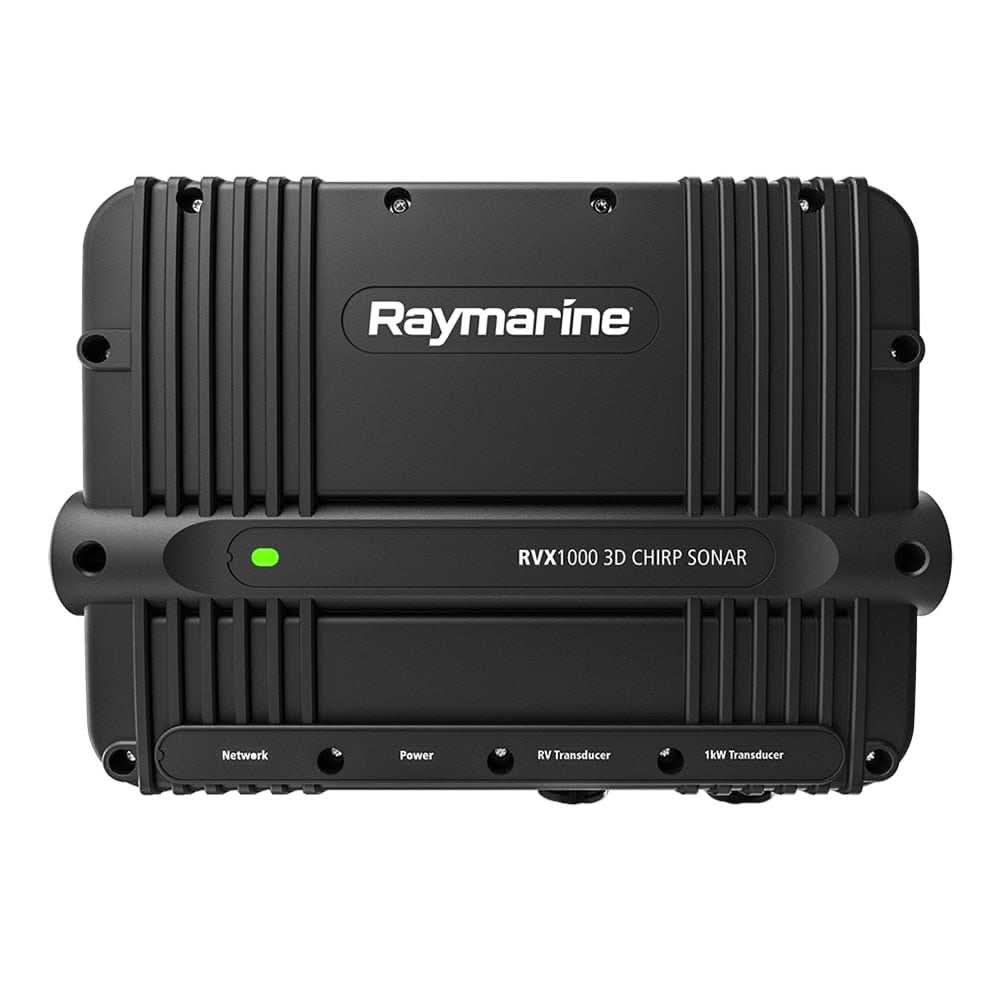 Raymarine RVX1000 3D Chirp sonar module with RealVision technology and dual transducer connections in black compact design