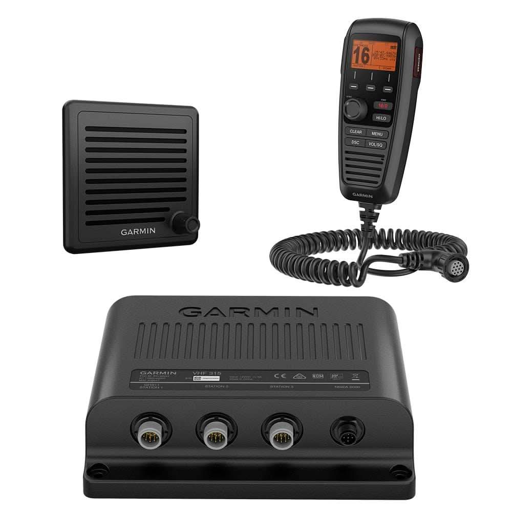 Garmin VHF 315 marine radio with GHS 11 handset, active speaker, and GPS receiver for reliable marine communication