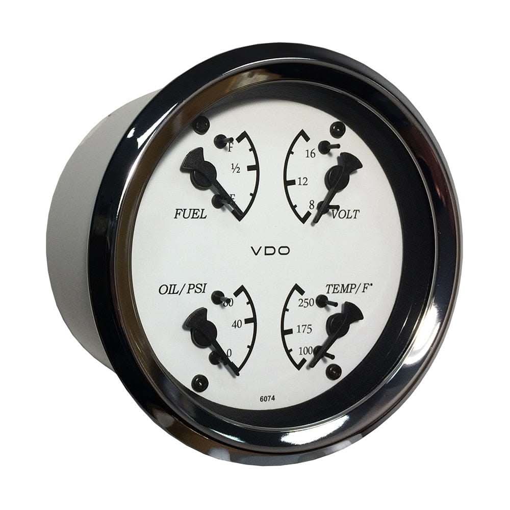 VDO Allentare 4 in 1 gauge with white dial, black pointers, chrome bezel showing oil pressure, water temperature, fuel level, and voltmeter
