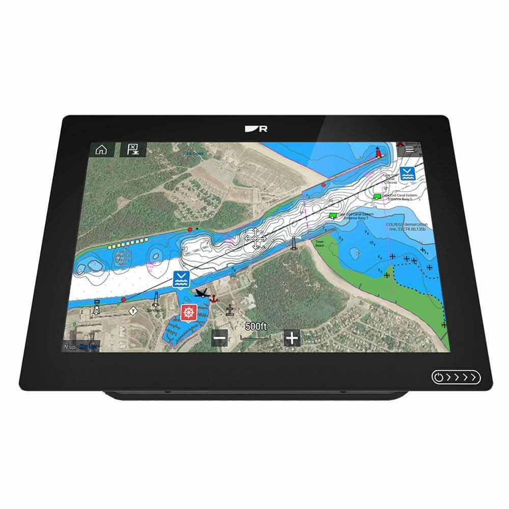 Raymarine Axiom+ 12 multifunction display showing detailed marine chart with navigation features