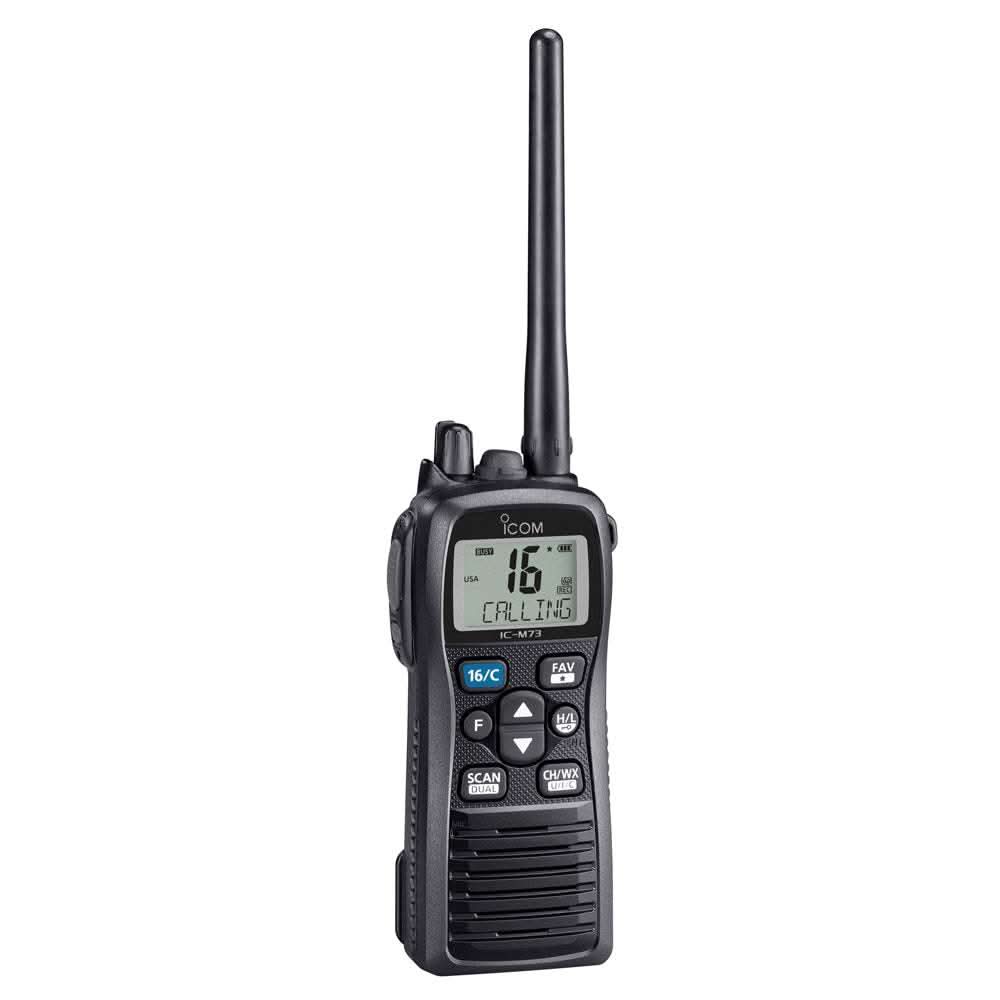 Icom M73 PLUS handheld VHF marine radio with active noise cancelling and voice recording, 6W power, waterproof IPX8, and large LCD screen