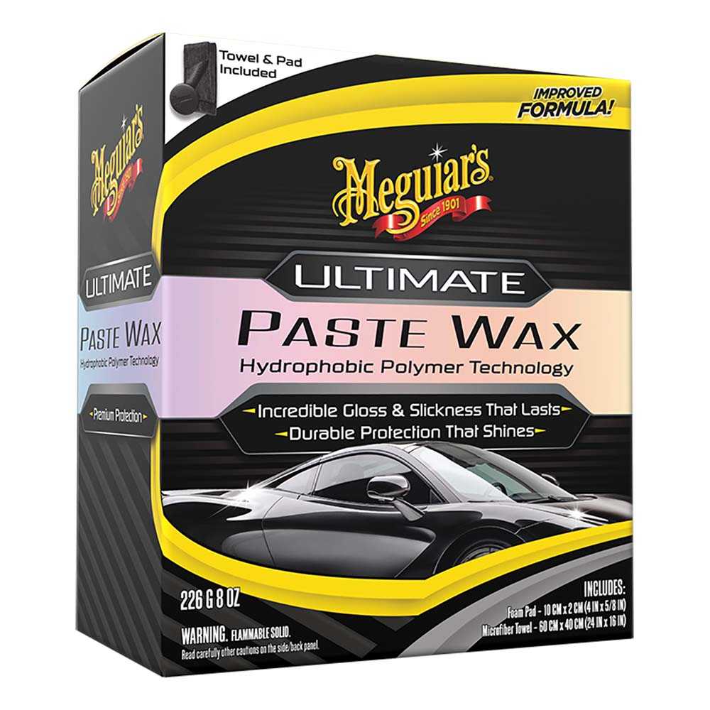 Meguiar's Ultimate Paste Wax packaging showing synthetic wax with hydrophobic polymer technology for long-lasting gloss and durable protection