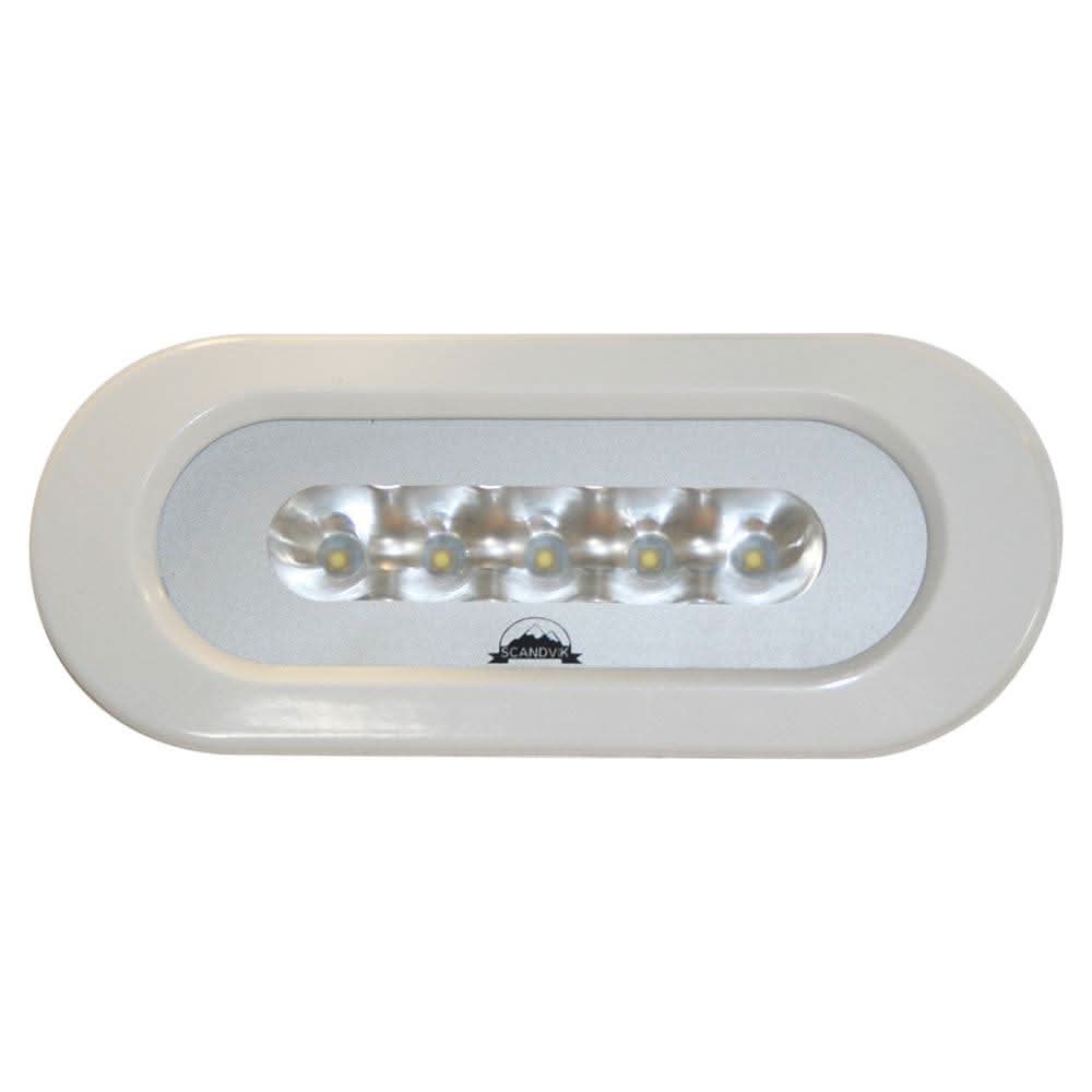 Scandvik 41343P flush mount 10W LED spreader light in a white powder-coated finish for marine hardtop installation.