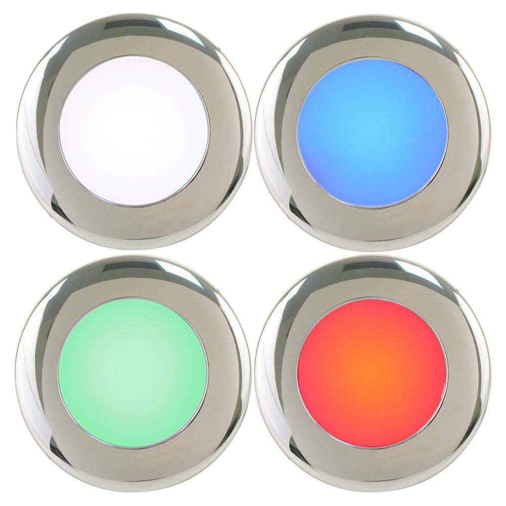 Scandvik A2.5 4 color marine LED downlight with stainless steel trim showing white, blue, green, and red light options