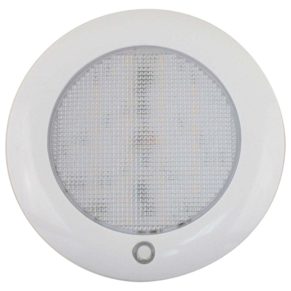 Scandvik Slim 5 inch dome light with warm white and blue LEDs, surface mount, 10-30V, IP65 rated, touch switch with blue glow.