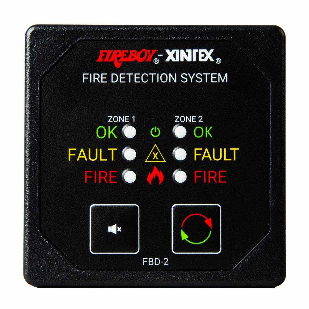 Fireboy-Xintex Two Zone Detection & Alarm Panel with labeled LED indicators for Zone 1 and Zone 2 status, model FBD-2-R