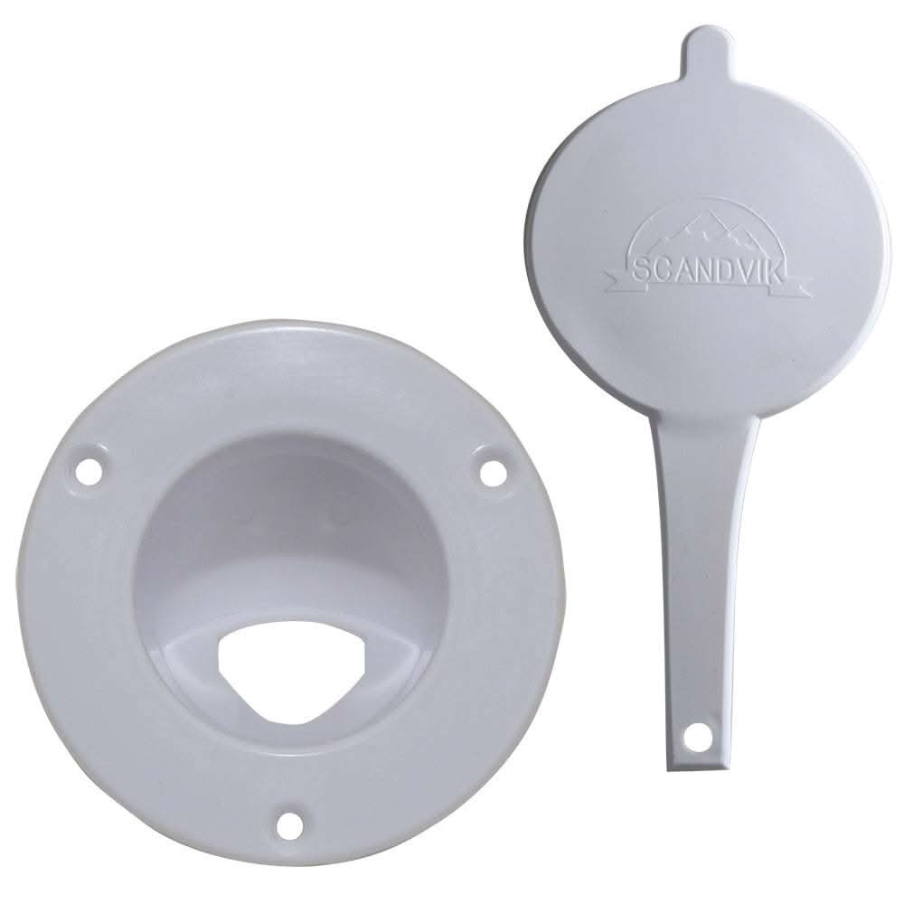 Scandvik white vertical cup and cap replacement kit for recessed showers with logo and 2-1/4 inch mounting hole