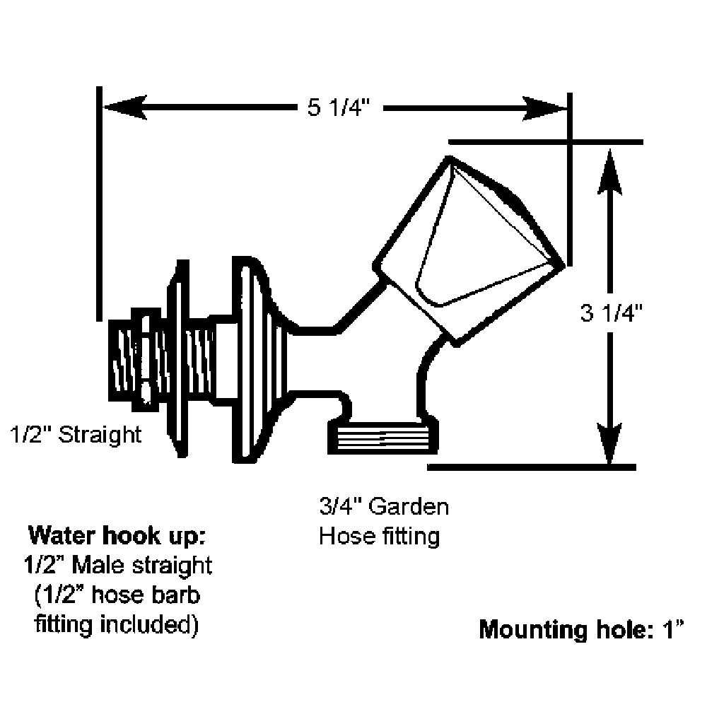 Scandvik SS Washdown Spigot stainless steel with 3/4" garden hose fitting and 1/2" NPS-M water connection measuring 5 1/4" by 3 1/4" with 1" mounting hole.