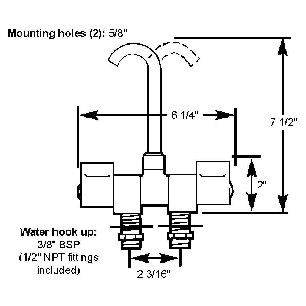 Diagram of Scandvik Chrome Folding Spout Mixer with dimensional measurements and threaded water connections