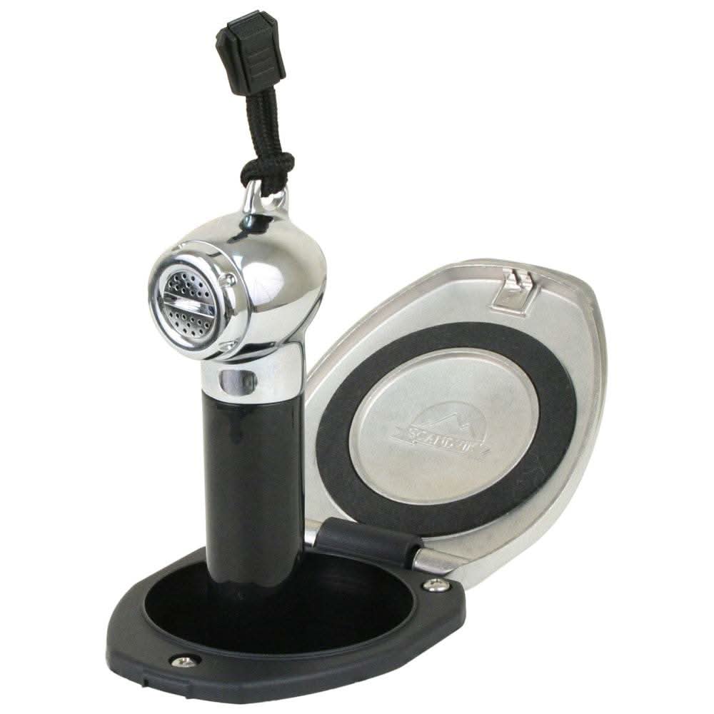 Scandvik recessed transom shower handle with black and stainless steel finish and 6-foot hose in open mounting cup