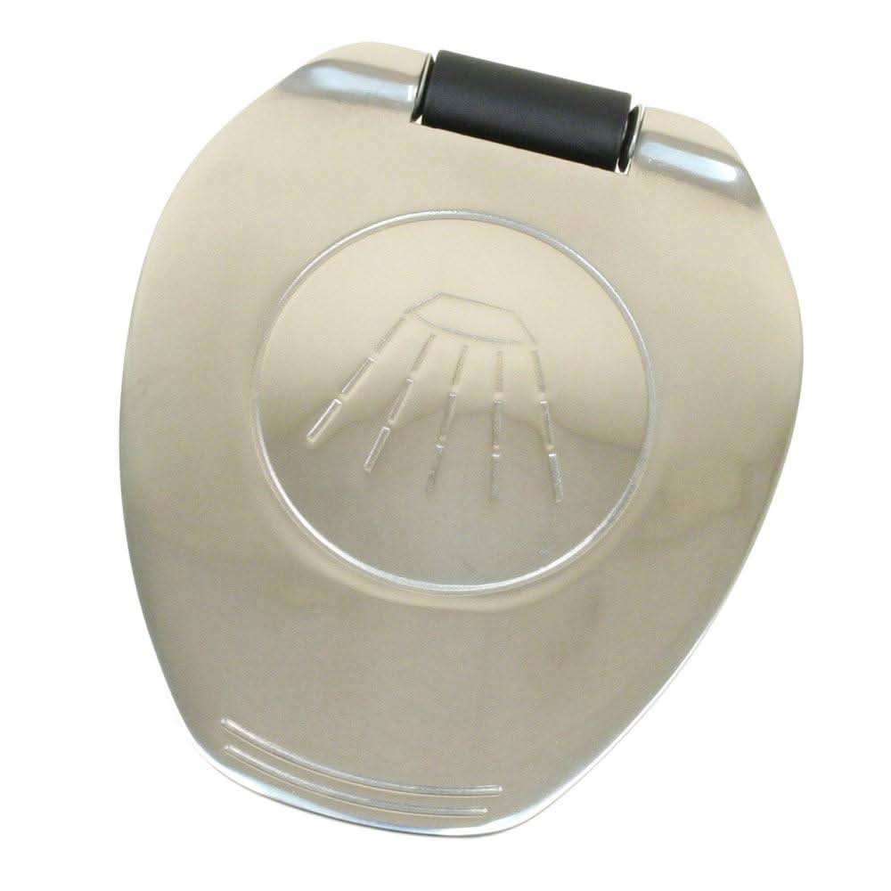 Scandvik black and stainless steel recessed transom shower handle with hose and shower symbol on cover