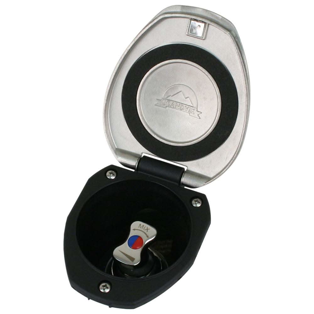 Scandvik recessed T-handle mixing valve stainless steel with black cup and hinged cap open