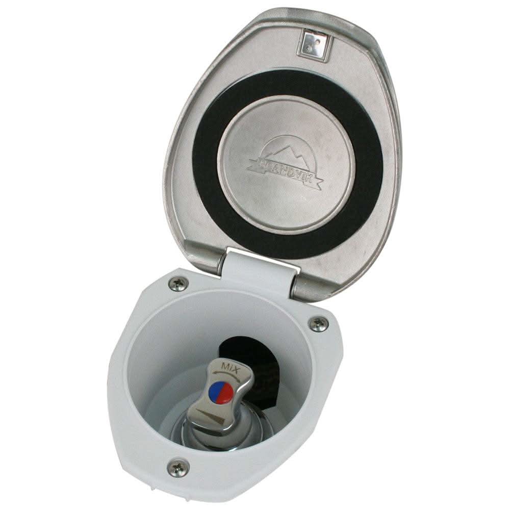 Scandvik recessed T-handle mixing valve with stainless steel cap and white composite cup for marine showers
