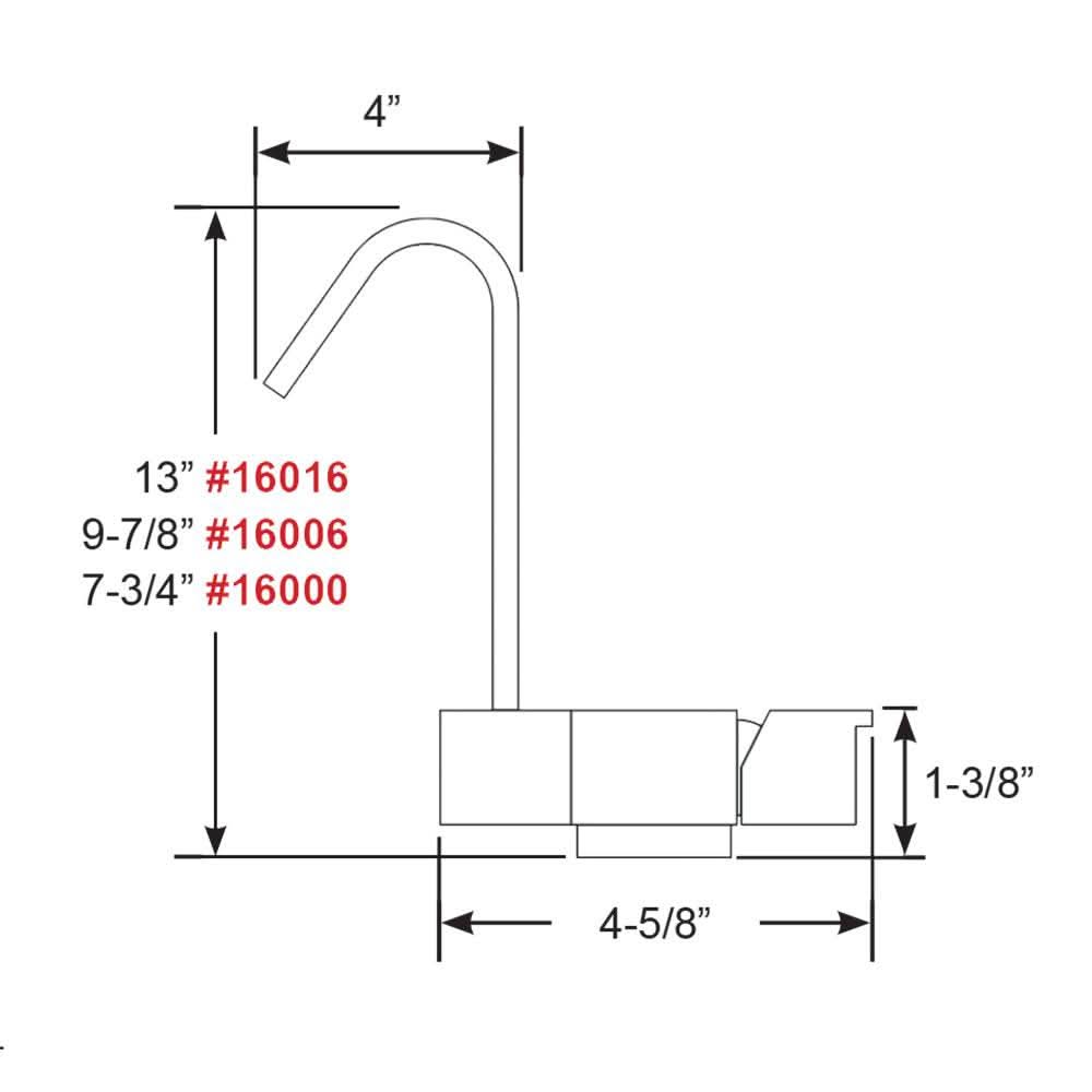 Scandvik Geometric Style fold down mixer faucet with dimensions and height options diagram