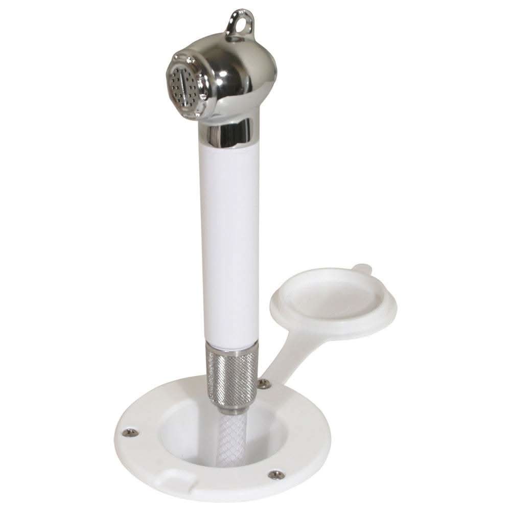 Scandvik recessed transom shower with chrome-plated head and white handle mounted in white plastic base with hose cover.
