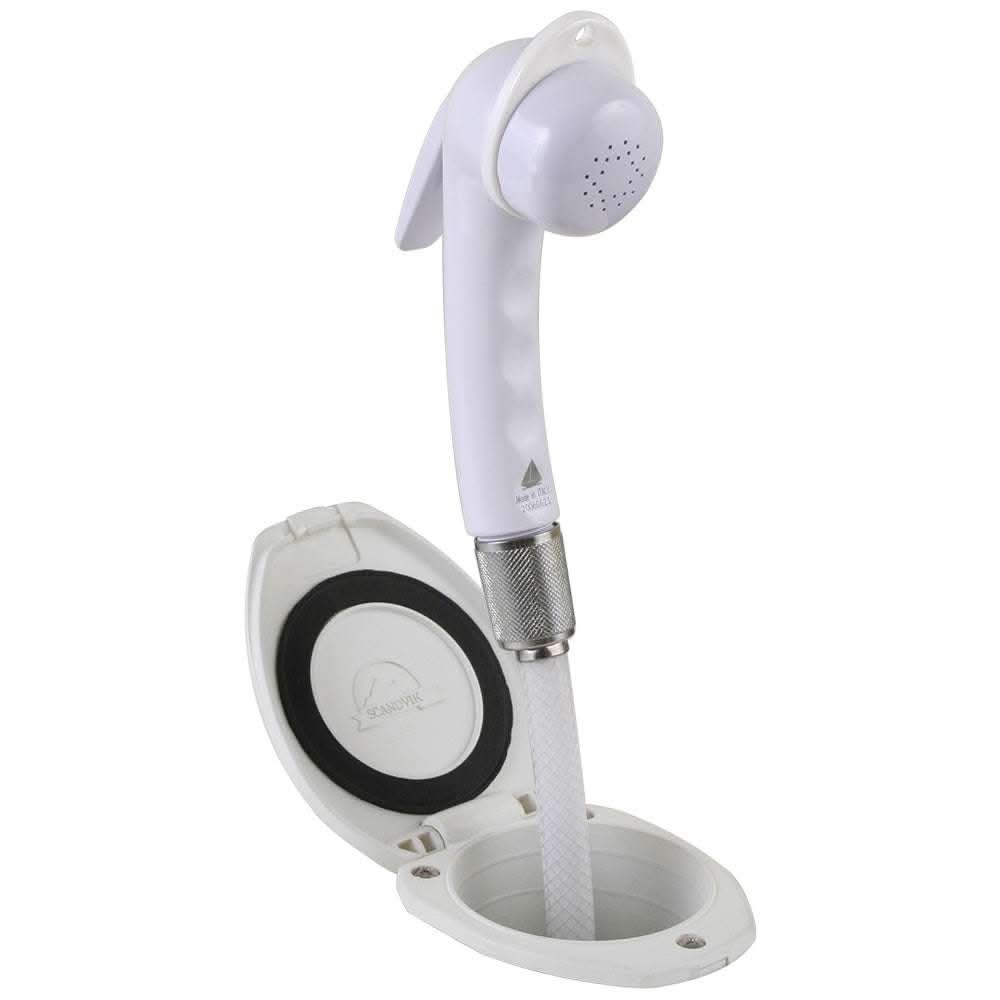 White recessed shower with 6-foot hose and Euro trigger sprayer handle