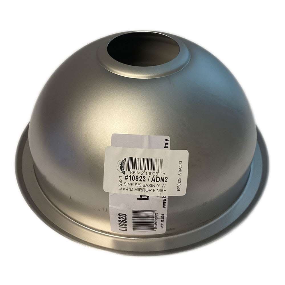 Scandvik SS sink basin 9x4 inch stainless steel mirror finish bottom view with barcode label