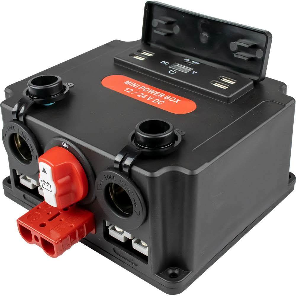 Sea-Dog Power Box battery switch with 50A switch, LED voltmeter, multiple USB ports, and Anderson outputs in black housing