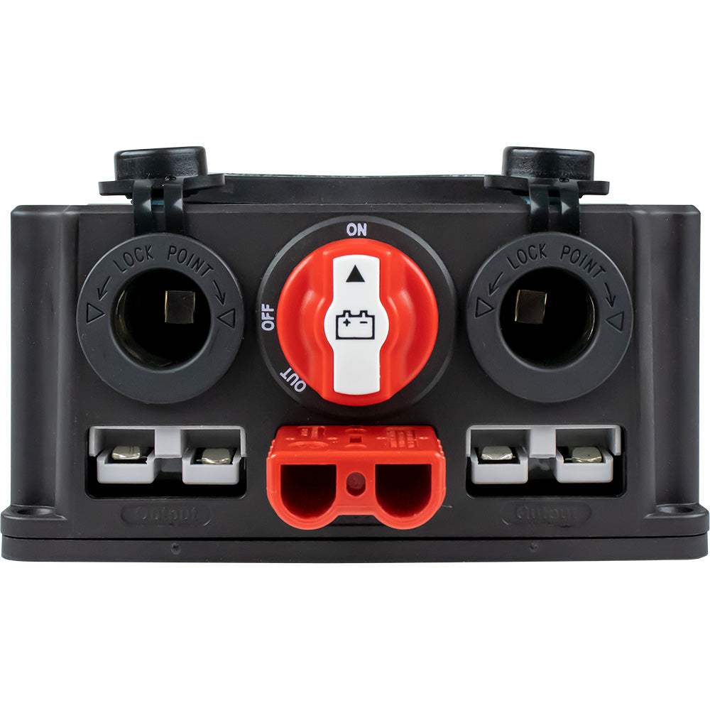 Sea-Dog Power Box battery switch with 50A control, LED voltmeter, USB ports, black compact design